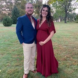 Maroon wrap dress, perfect for a special event. Not an actual maternity dress!